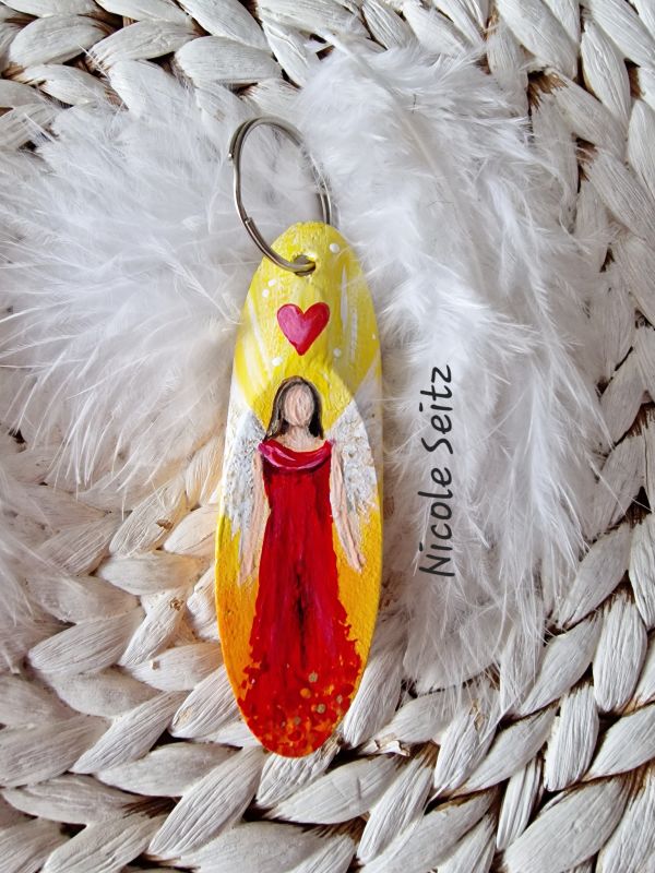 Schlüssel-/Taschenanhänger * Engel * handbemalt * Holz * Rot-Orange-Gelb * Herz